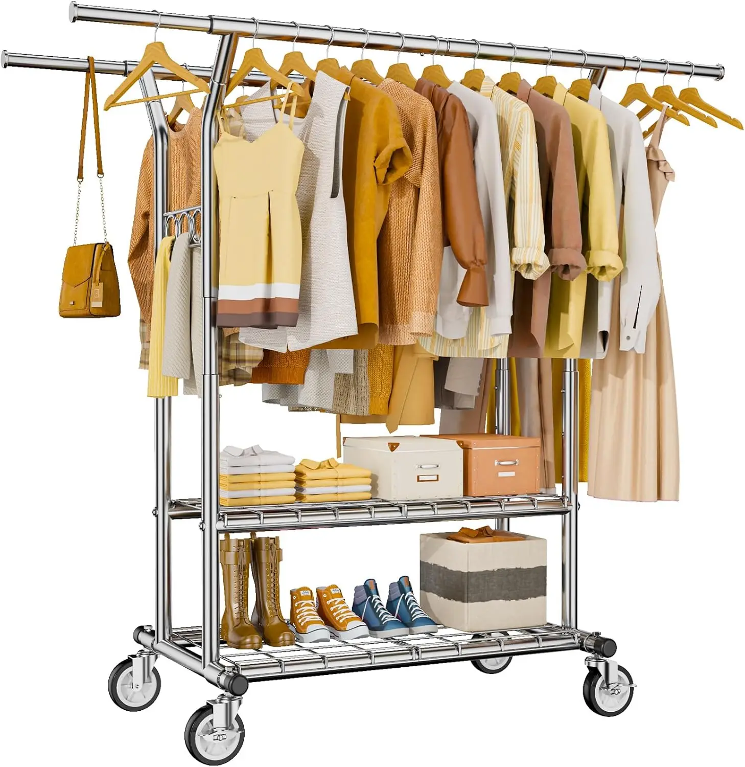 

Heavy Duty Clothes Rack, Rolling Clothing Rack With Shelves Load 620 LBS, Double Rod Clothing Racks for Hanging Clothes.