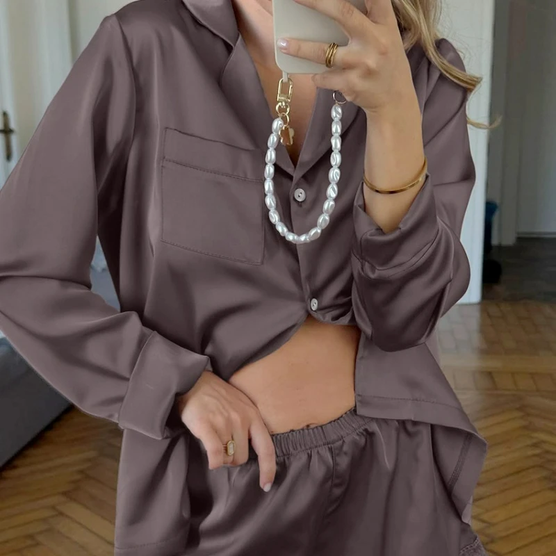 

Новый модный кружевной домашний комплект премиум-класса с длинными и короткими рукавами для женщин, атласная пижама для женщин, лето 2026