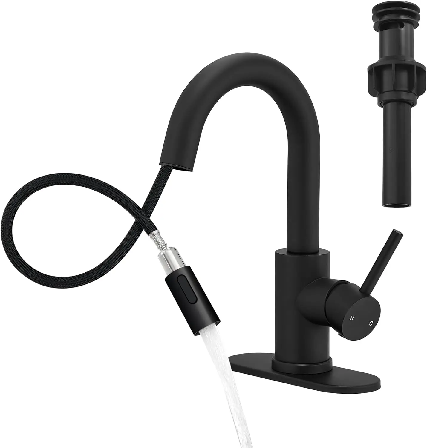 

Черный смеситель для раковины с одной ручкой и выдвижным распылителем, 360° ° Поворот, нержавеющая сталь, установка с 1 отверстием