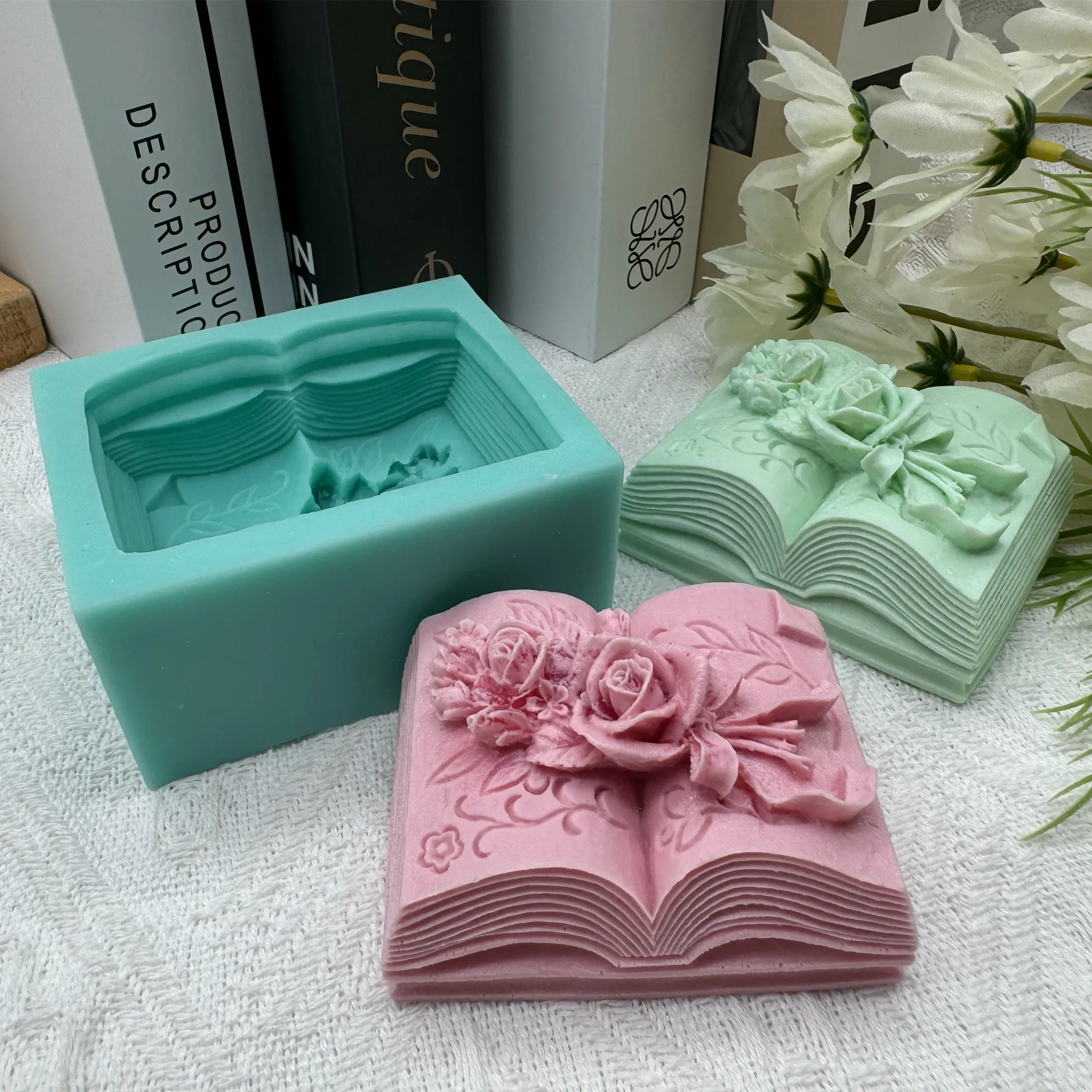 3D Book Flower Carved Silicone Soap Mold,Candle Wax Molds,Chocolate Cake Baking Mould,Plaster Epoxy Diffuser Silicone Mold