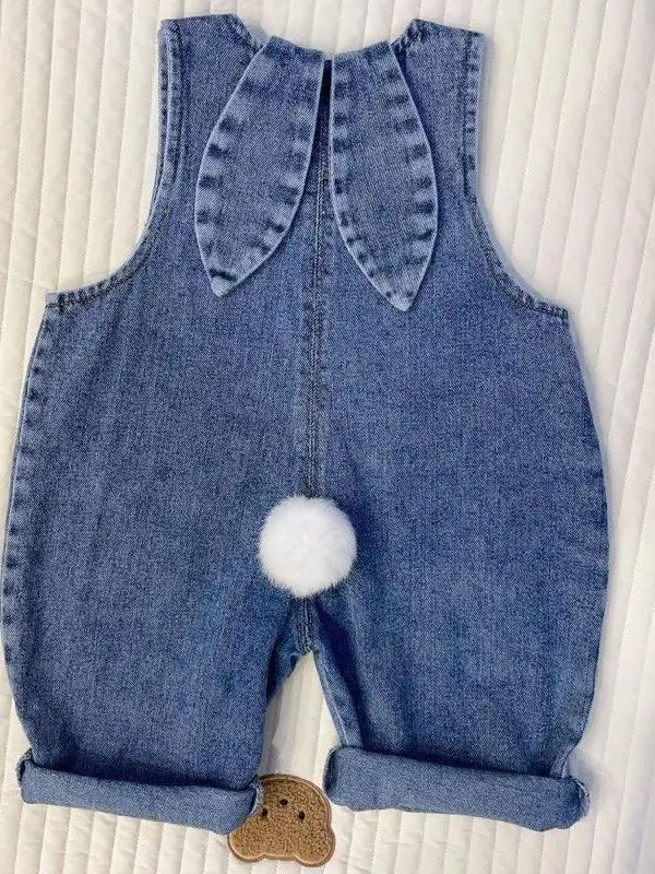 Dziecięce ogrodniczki jeansowe wiosna jesień 2025 z uszkami królika, codzienne długie spodnie, modne, urocze, dla dzieci, Faion