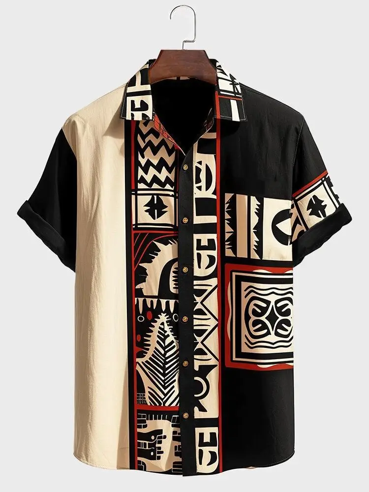 Men's Retro Ethnic Style 3D Digital Printing Men's Button Lapel Short-sleeved Shirt Hawaii Beach Leisure Vacation Beach Clothing