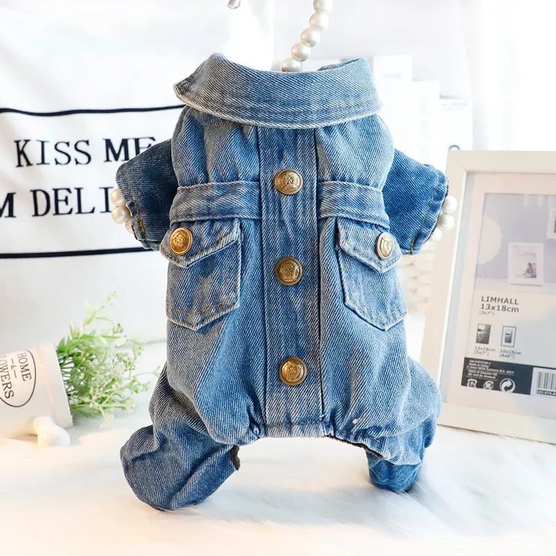 Dog Clothes Autumn Winter Four Legged Denim Pants Thickened Lapel Denim Coat Small and Medium-sized Pet Clothing