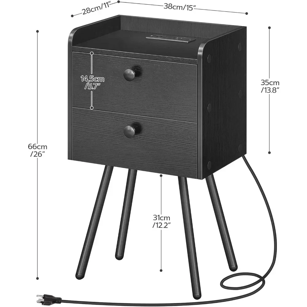 Nightstand Side Table with Charging Station   2 Drawers