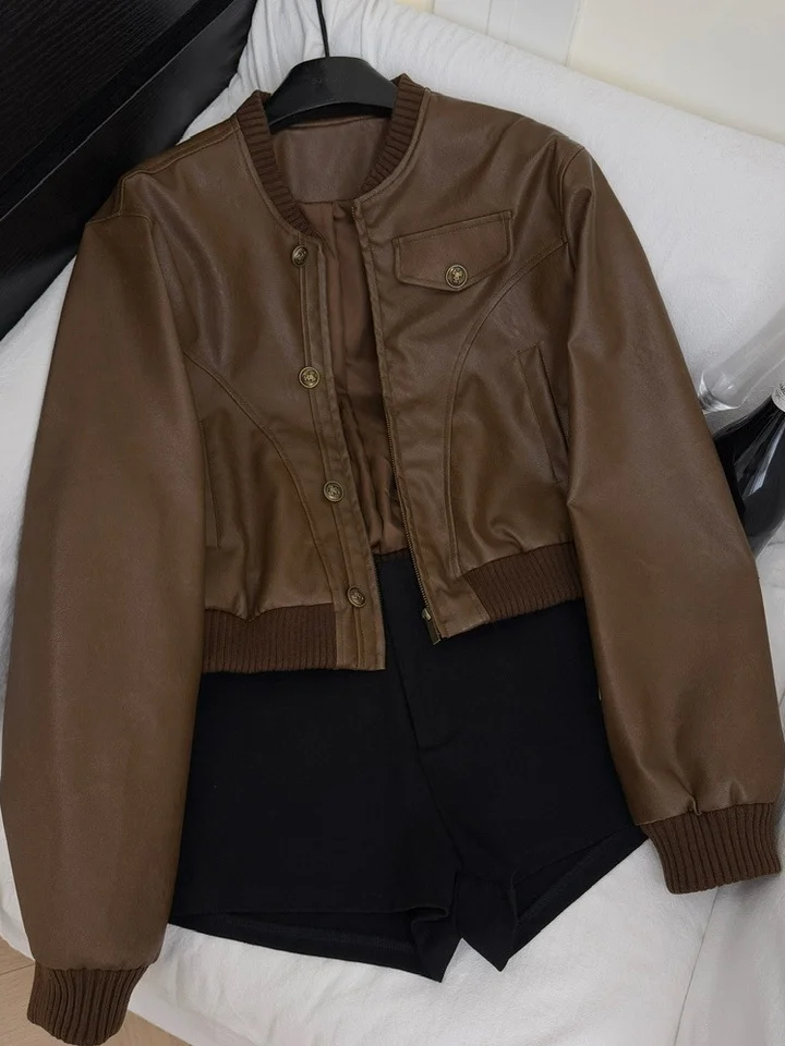 Retro Baseball Collar Leather Jaet ort Outerwear for Women High Waist Slimming Motorcycle Jaet Trendy Top Outerwear