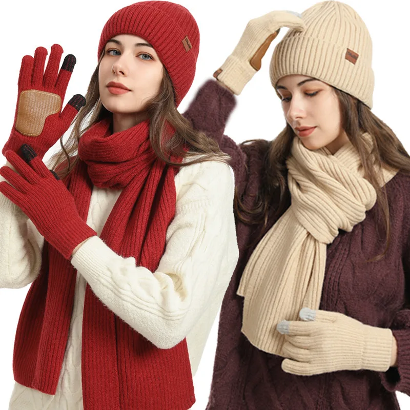 winter-women's-knitted-hat-scarf-glove-leather-anti-slip-3-piece-set
