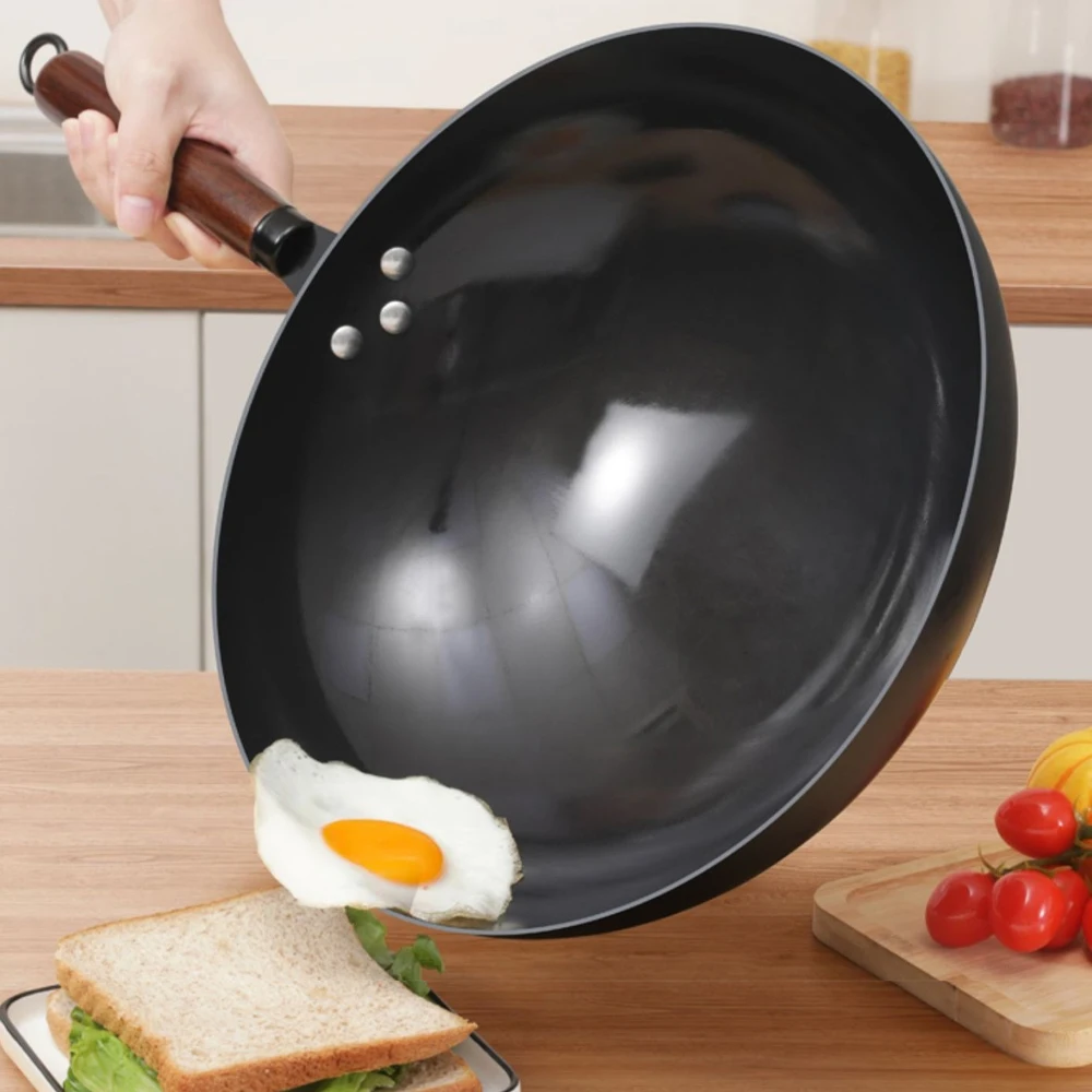 Sartén de hierro antiadherente de 32cm, Wok sin recubrimiento, sartén para carne casera, estufa de Gas hecha a mano china, olla de cocina, utensilios de cocina