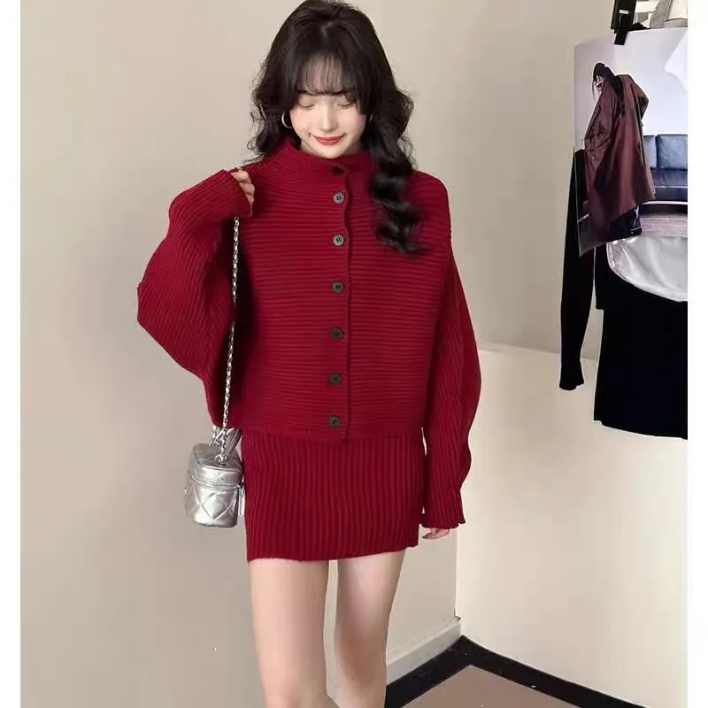 Women's New Fall Winter Korean Loose Elegant Solid Color Single Breasted Sweater & Knitted Midi Ropa Para Mujer
