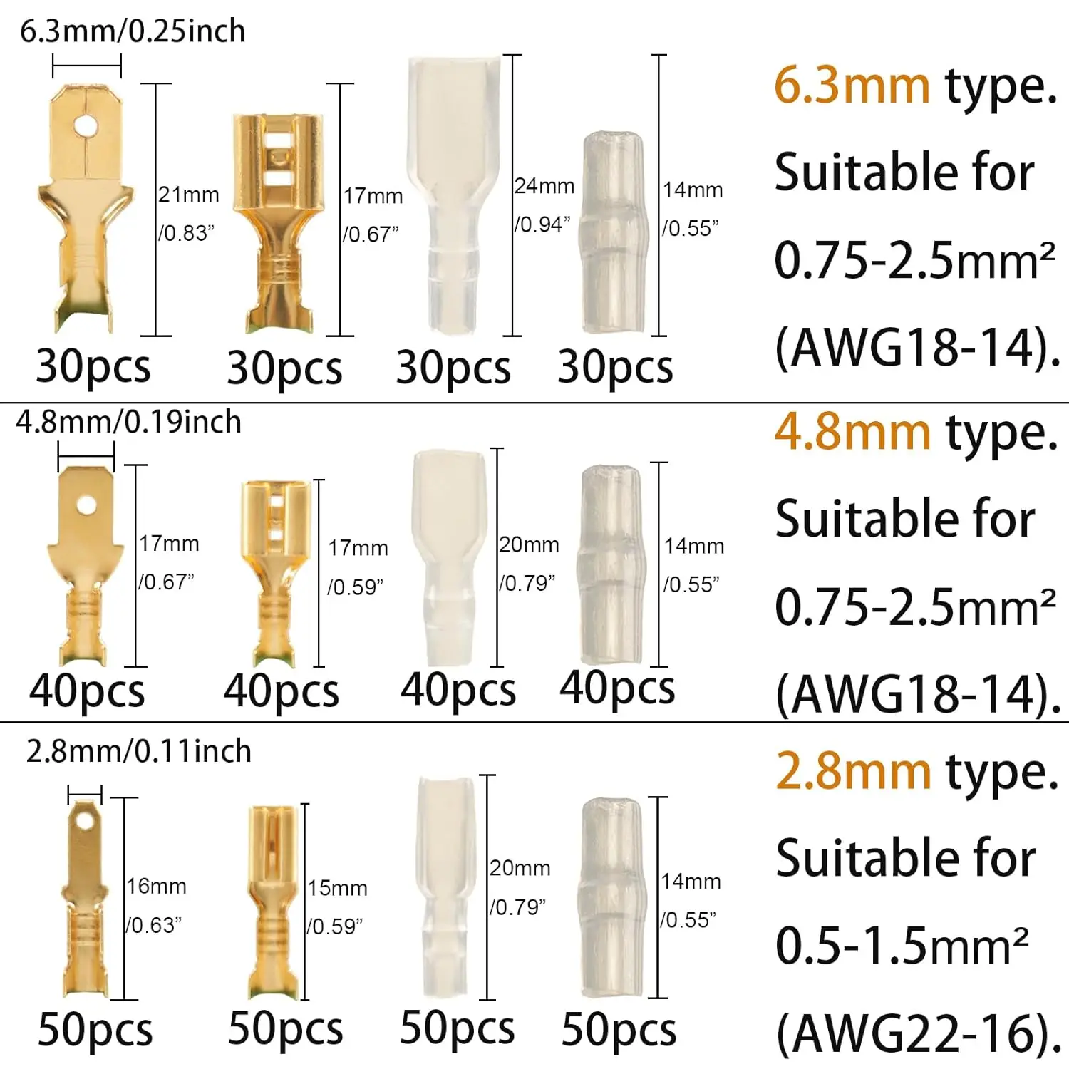 480pcs 2.8mm 4.8mm 6.3mm Male and Female Spade Connectors Kit Insulating Sleeve, Crimp Connectors Crimp Terminals Electrical image 2