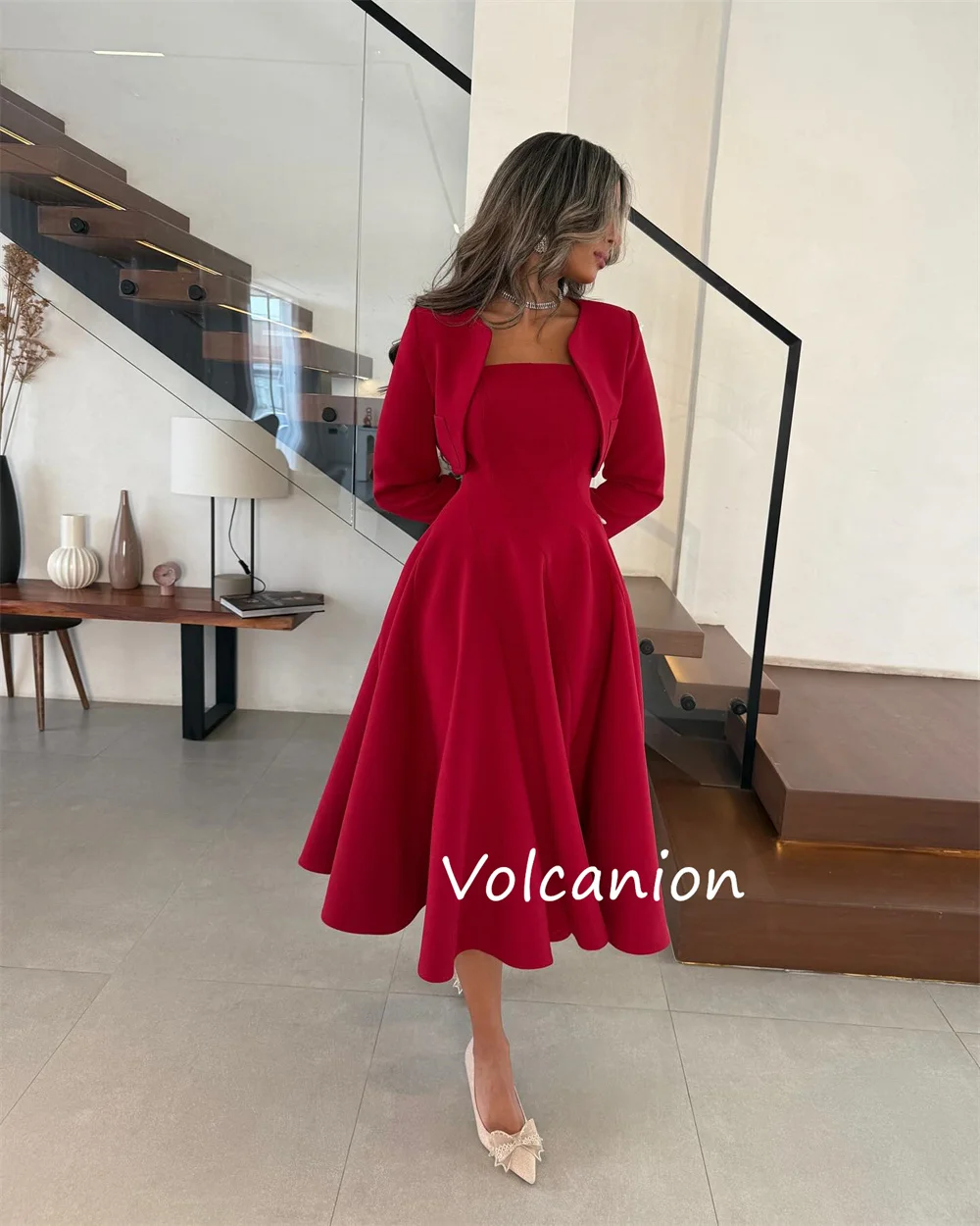 تخصيص جيرسي الطية ألف خط Poretrait فساتين متوسطة الطول مفصل مناسبة حزب كلاسيكي أنيق جودة عالية