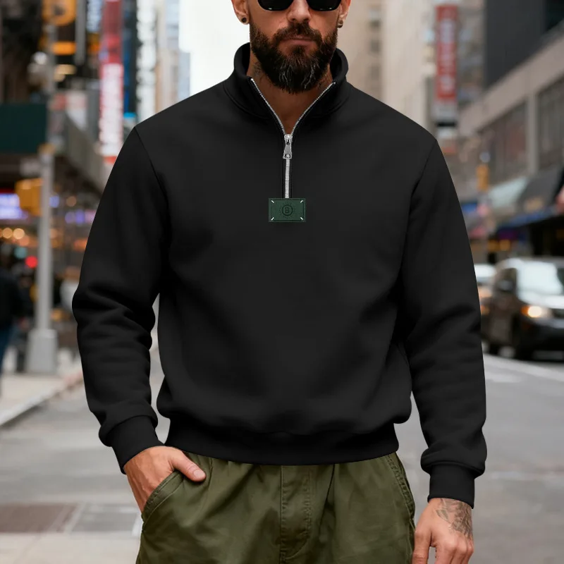 Cross-border Winter Heavy Velvet Logo Casual Solid Color Simple Outdoor Sports Loose Stand-up Collar Sweater Men