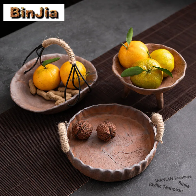 

Грубая керамическая трехножная тарелка для фруктов, в старинном стиле, с двумя ручками, для выпечки, конфет, еды, чая, а также для подачи блюд и в качестве подарка.