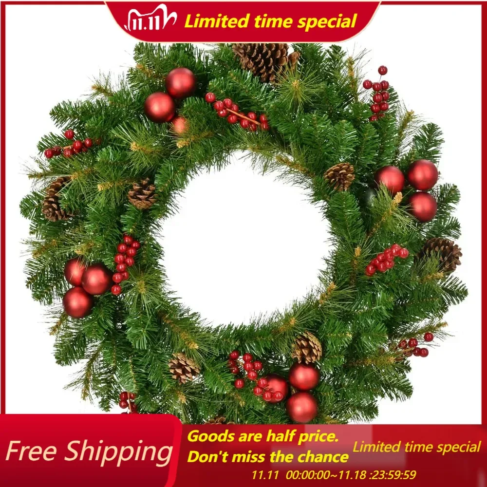 Joyful Wreath with Berries, Pinecones, and Ornaments, 30 Inch Diameter, Perfect for Walls, Doors, or Fireplace Mantles