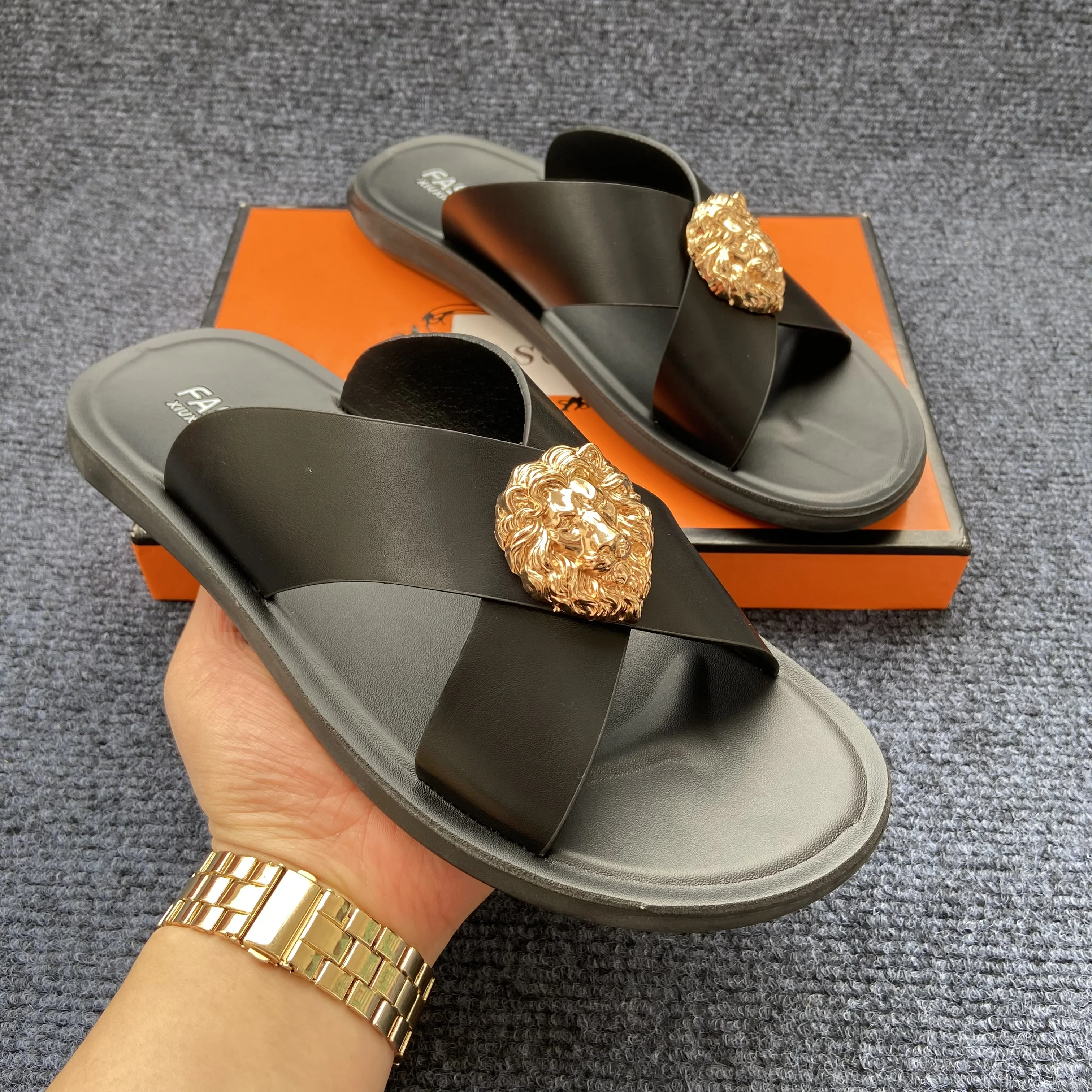 genuine leather slippers men original summer fashion Man slippers outdoor slides size 38-48 new brand designer shoes for man
