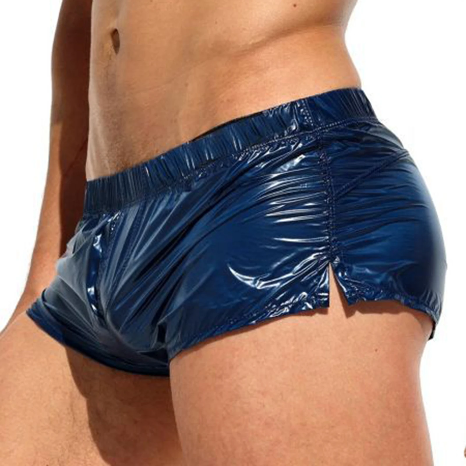 Men Male Wet Look Sides Slit Trunks Shorts Low Rise Solid Color Swimming Pool Party Underwear Slim Fit Shorts Night Club Costume