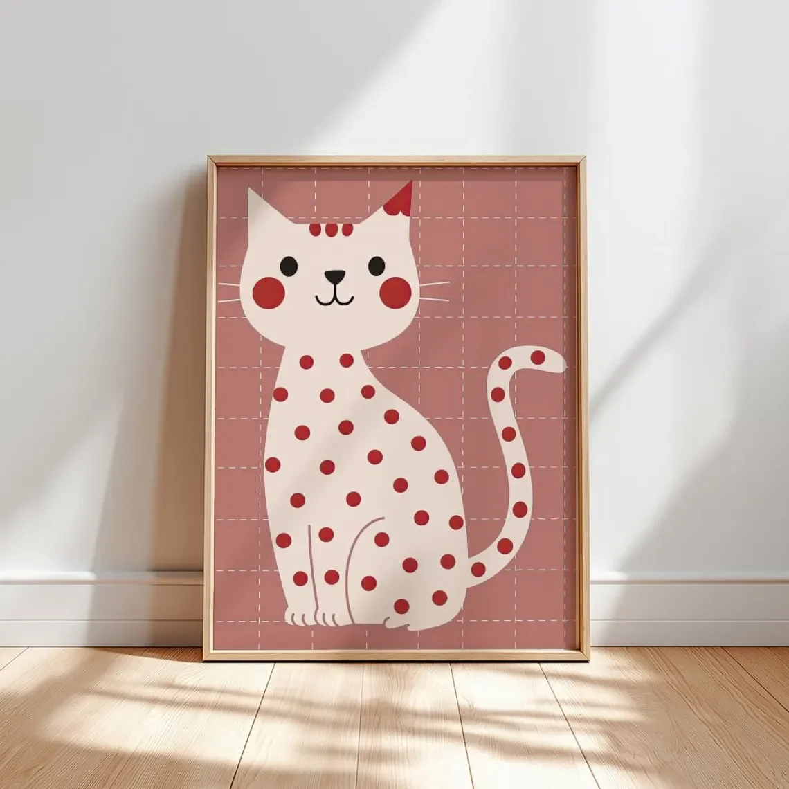 Whimsical Polka Dot Cat Wall Art - Playful Graphic Print of a Cheerful Cat with Bold Red Spots, Against a Warm Pink Grid, Coz