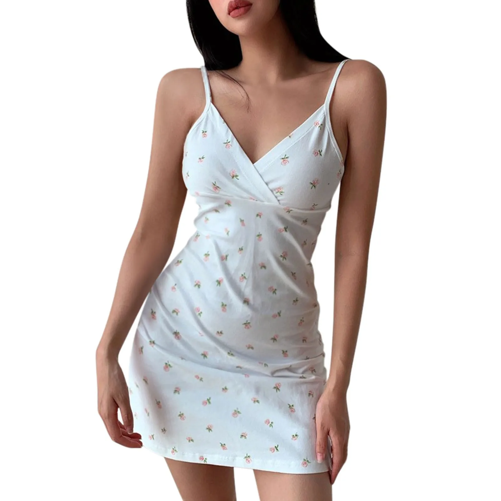 Summer Sweet Floral Holiday Sweet V-neck Printed Suspender Tight Tank Mini Dress Hot Sexy Kroean Women Tops Cocktail Dresses