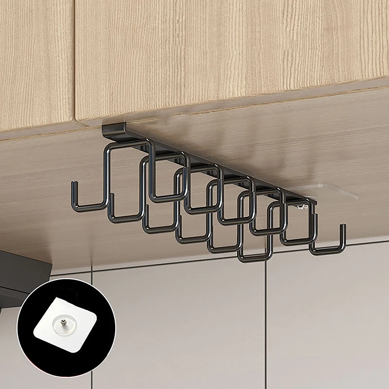 Punch-free Double-row Hooks Kitchen Cupboard Under Shelf Mug Cup Hanger Hook Iron Hanging Rack Holder Kitchen Cabinet Organizer