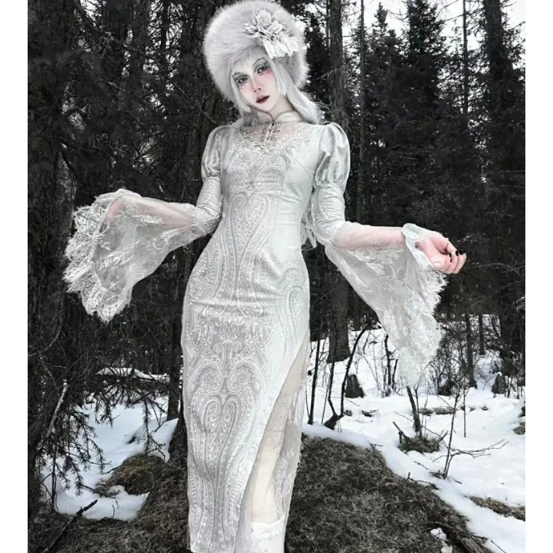Vintage White Lace Velvet Trumpet Sleeve Mermaid Cheongsam Dress Gothic Halloween Evening Party Wedding Gown Women