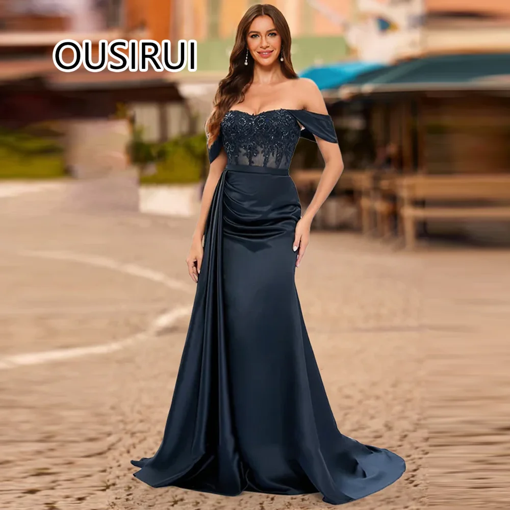 Vestido de fiesta de graduación sexy de sirena de satén con hombros descubiertos, vestido de dama de honor con abertura lateral y espalda descubierta de encaje con corte de barrido personalizado