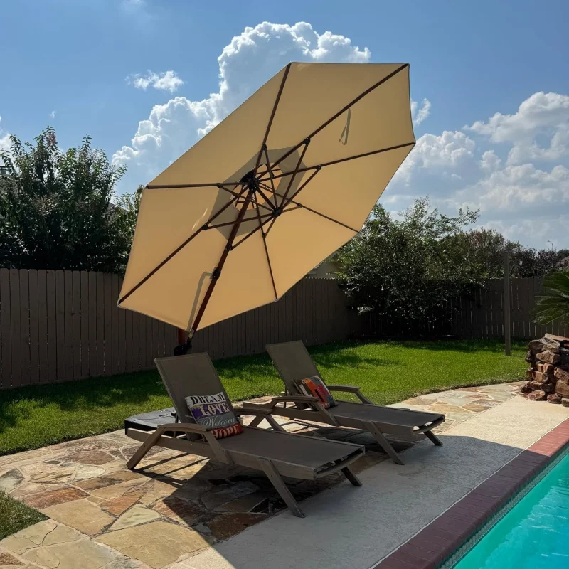 

12ft Beige Patio, Large Round Cantilever Design, Windproof Offset, Heavy Duty Garden, Deck, Pool