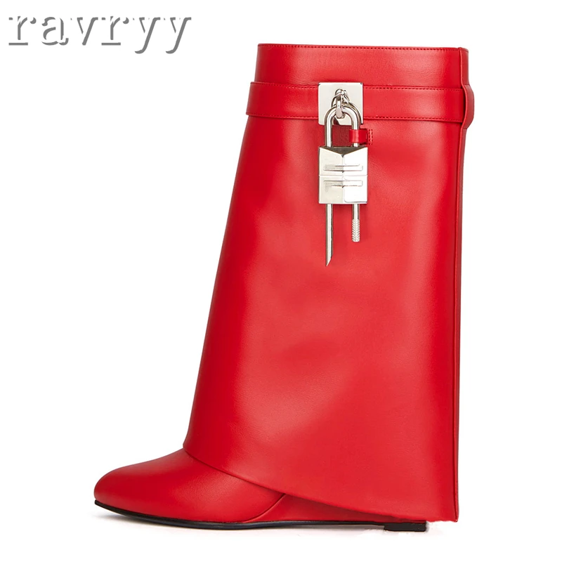 

Winter Brand Popular Shoes Large Waist Lock Skirt Boots Round Toe Leather Surface Thick Sole High Heel Zipper Short Woman Boots