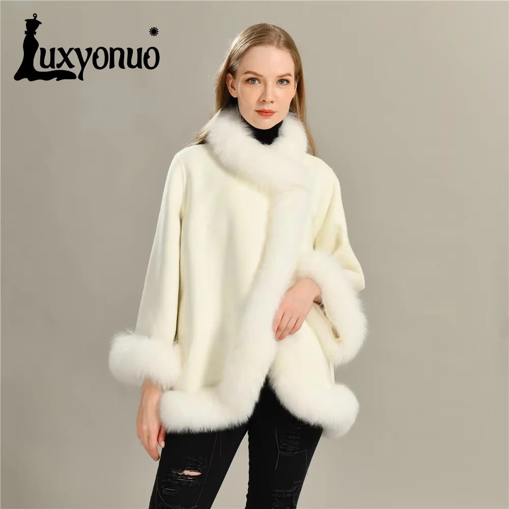 Luxyonuo Real Fox Fur Coat Winter Double Face Wool Jacket Nature Fur Collar Cashmere Wool Blend Coats Ladies New In Outerwear