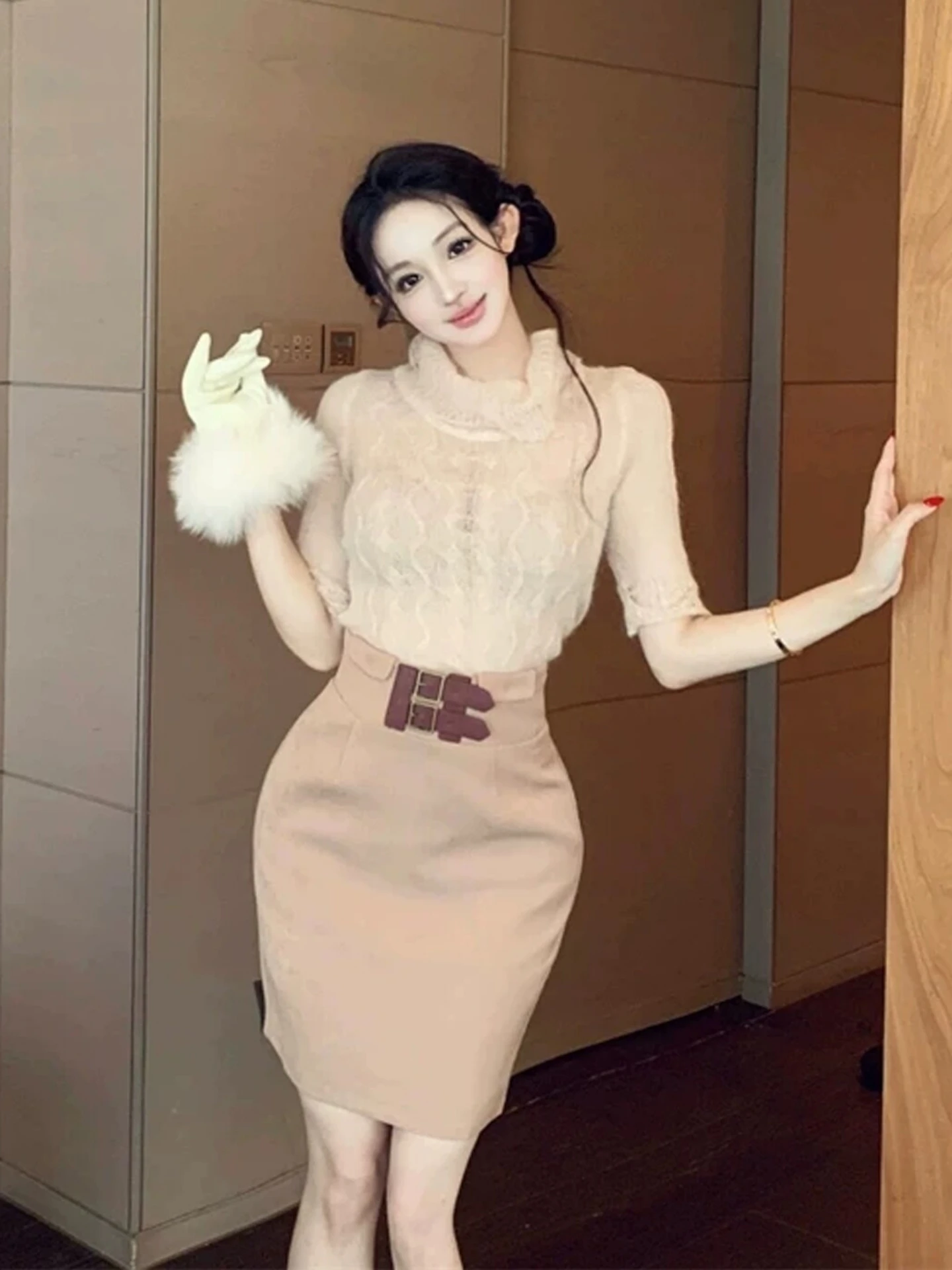 

Korean Style Knitted Top And Skirt Set Women's Fashion High Waist Dress Comfortable Breathable Half Sleeve High Collar