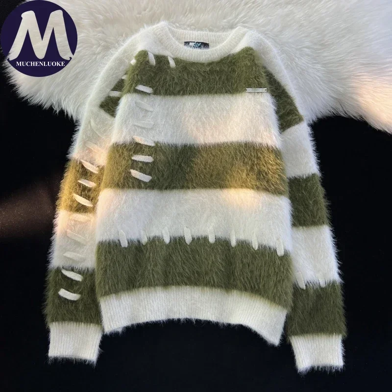 Women's Faux Mink Fur O-Neck Knitted Sweater Autumn Winter Korean Fashion Casual Loose Warm Pullover Knitwear