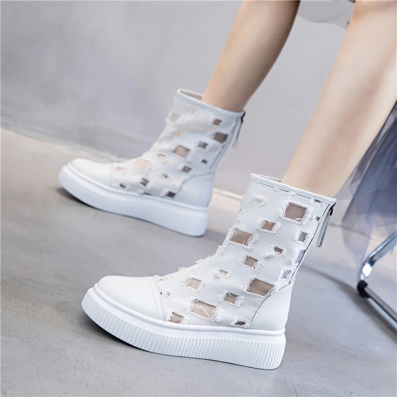 Summer New Thin Denim Canvas Thick-soled Boots Breathable Hollow Mesh Inner Heightening Cool Boots Women\'s All-match