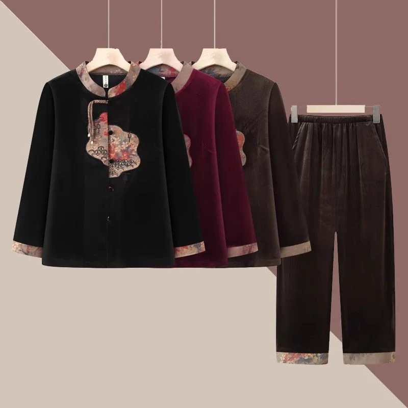 

Mom Chinese Style Gold Velvet Spring Suit New Middle-aged Elderly Spring Autumn Fashionable Two-piece Set Grandma Women's Suit