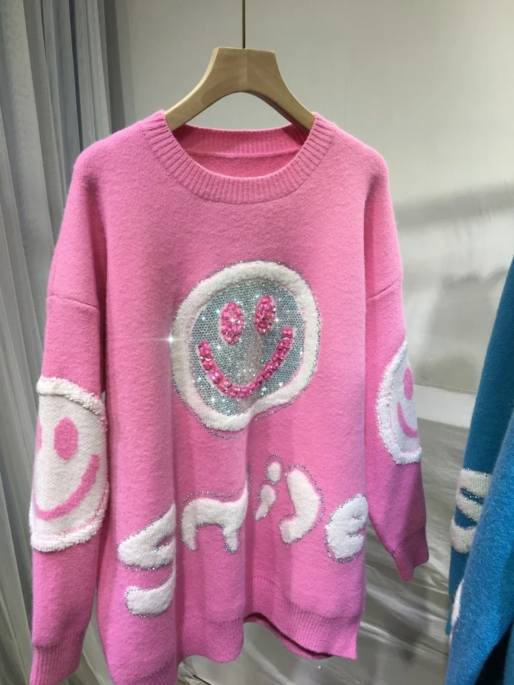 Thicken Autumn Winter Women Pullovers Top Beading Cartoon Lazy Wind O-neck Loose Long Sleeve Sweater Age Reducing Pink Jumpers