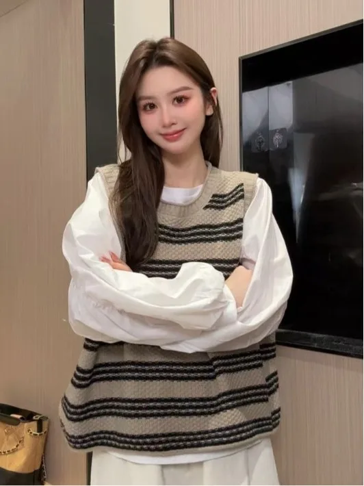 한국 슬레 소프트 스웨터 베스트 여성용 가을 겨울 이너웨어 스트라이프 니트 탑 편안하고 통기성 좋은 캐주얼