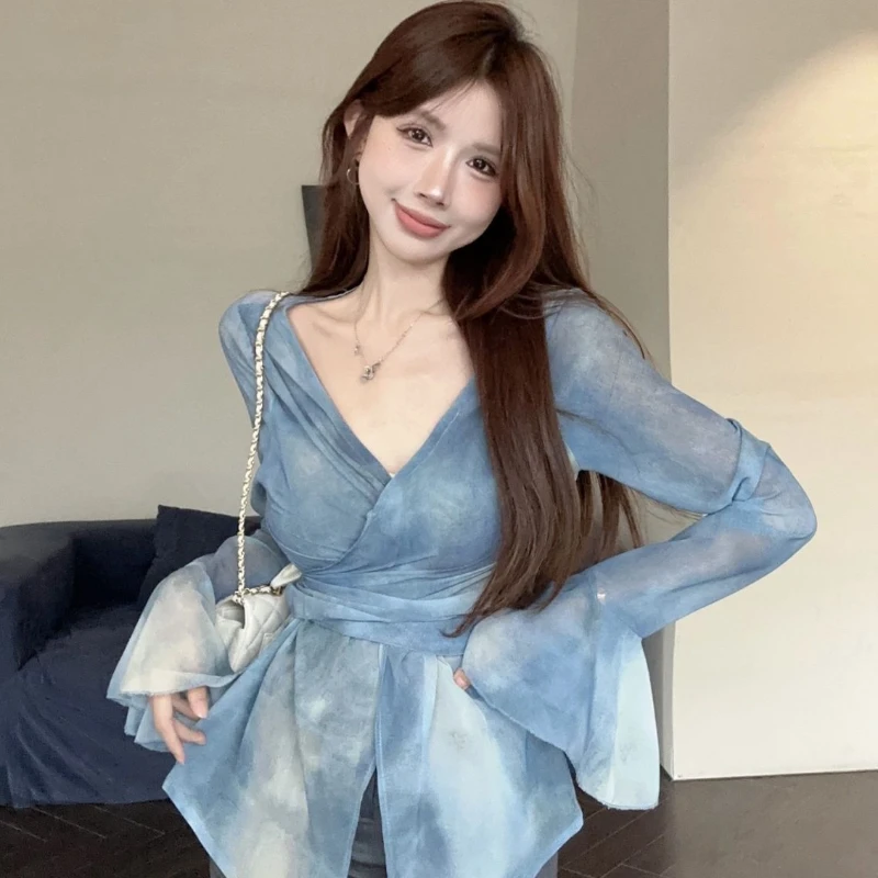 Blue Chiffon Blouses Women Bandage Defined Waist Vintage Tie Dye Autumn Stylish Elegant for Ladies Long Sleeve Aesthetic Clothes