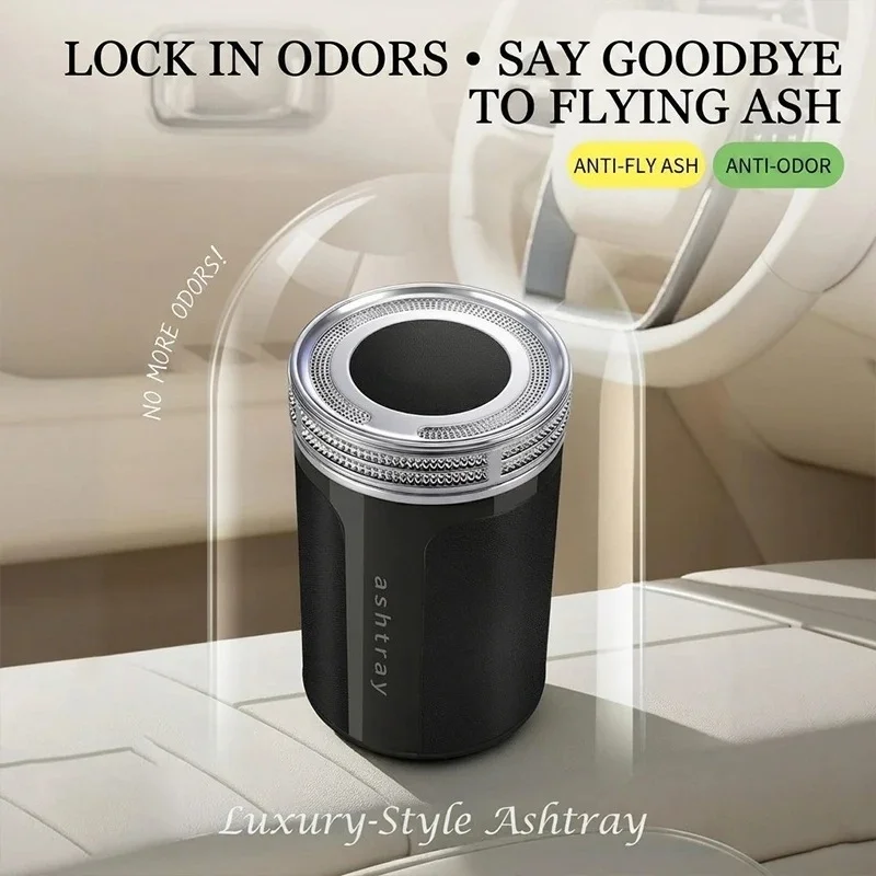 Car Ashtray with Leather Surface and Ceramic Inner Liner, Luxury Sealed Design to Prevent Odor and Ash Dispersion view 3