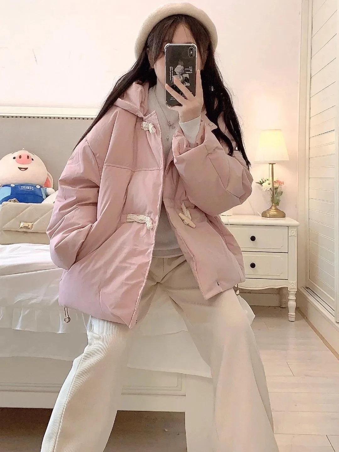 Down Cotton Jacket Women Autumn Winter 2023 New Pink Horn Button Cotton Coat Fashion Casual Version Loose Warm Parkas Womens