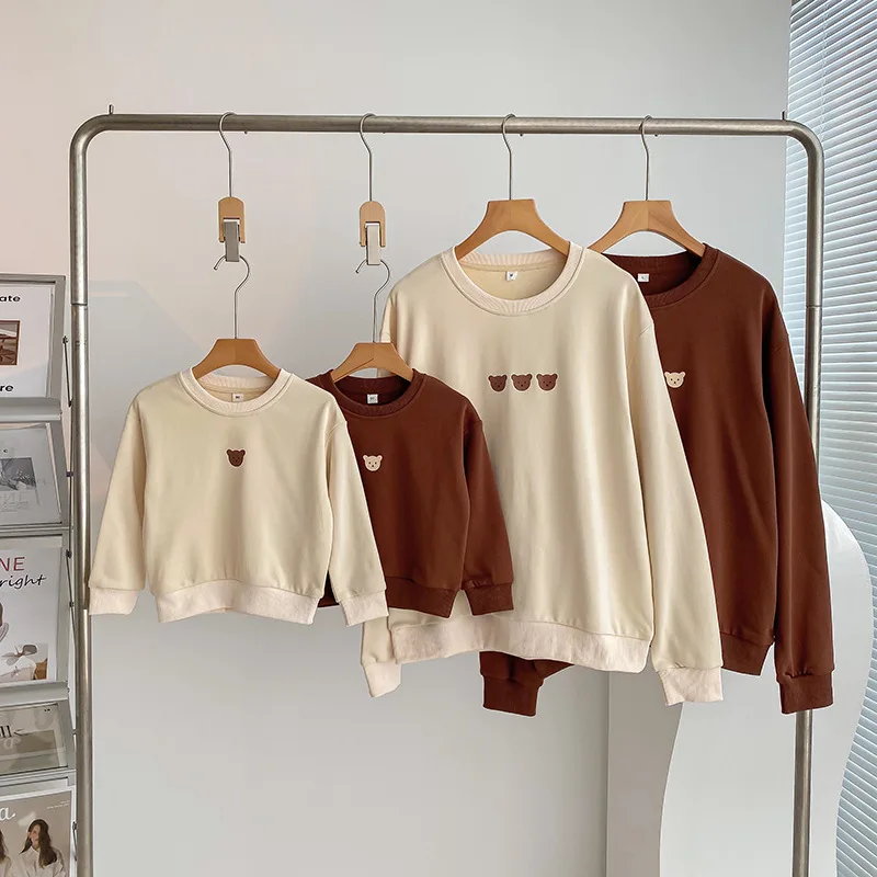 -3XL Spring Family Matching Outfits Long Sleeve Hoodies Baby Bodysuit Cartoon Bear Mother And Father Kids Clothes Cotton Sweater