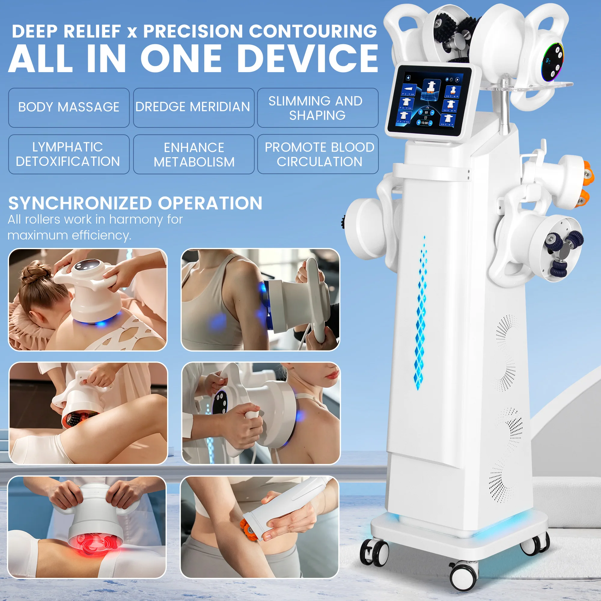 Professional 360 Degree Roller Body Sculpting System with 6 Handles Sync Massage Dual Direction Rotation Smart OLED Display
