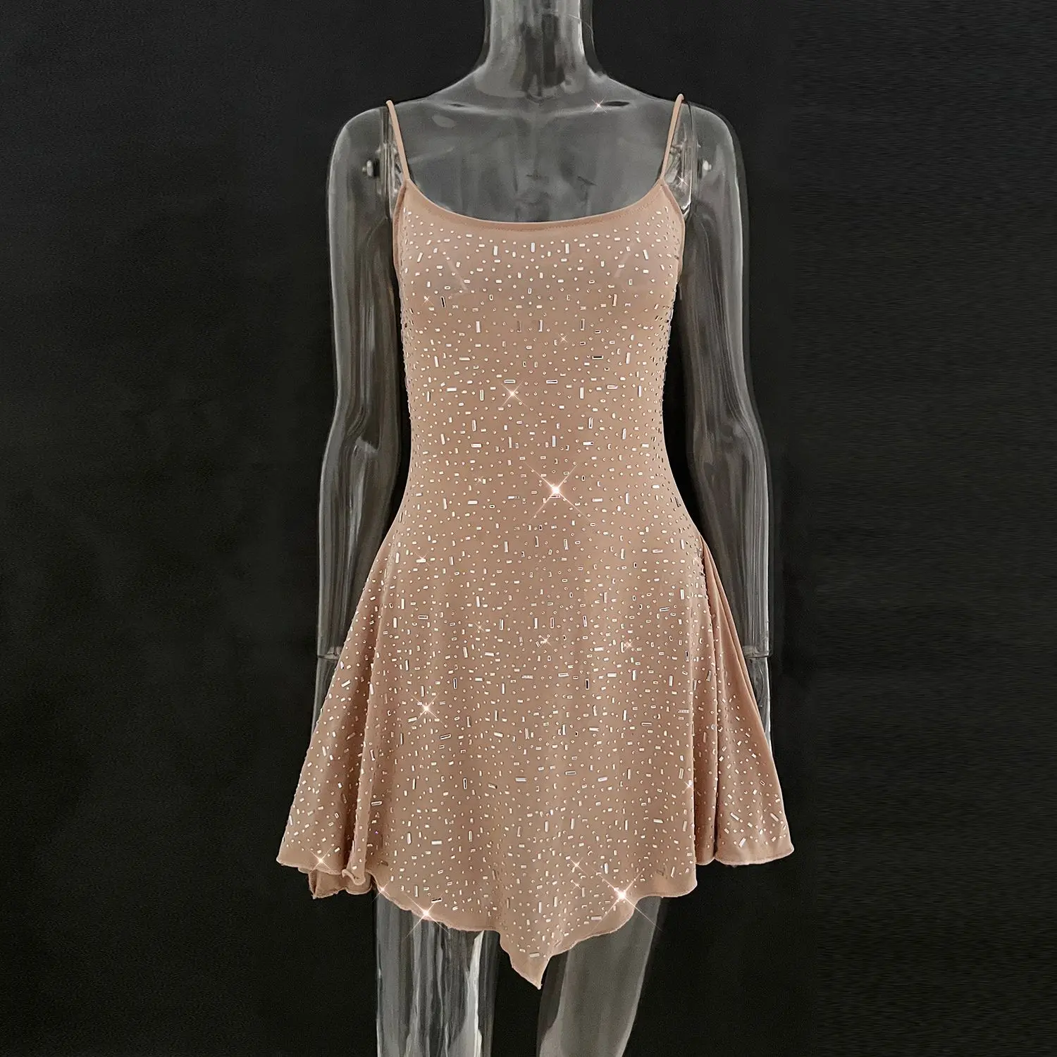 2025, heißes Damenmode-Party-Hot Diamond, halbtransparentes Slip-Kurzkleid
