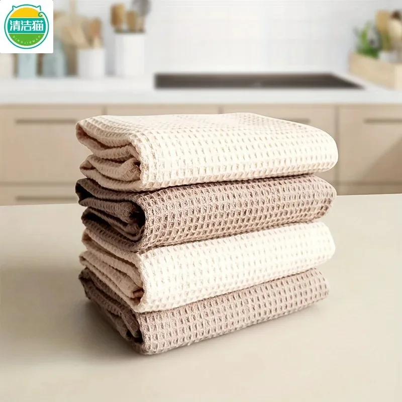 Mixed 4-Pack Modern Waffle Weave Dish Cloths Set - 100% Cotton, Hand Wash Only, Square Kitchen Towels With Hanging Loop 35x35cm