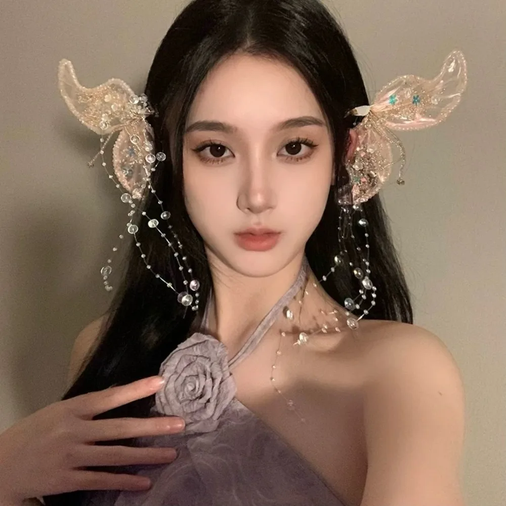 

1Pair Retro Animal Butterfly Hairpins Fairy bead Wedding Bridal Headdress Korean Style Sequin Tassel Hair Clip Party