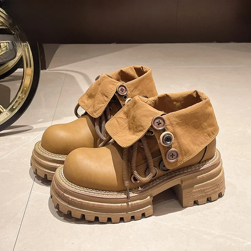 Women's Two-Way Wear Boots Thi Bot Button Flip Collar Yellow Work Boots Platform Motorcycle Ort Boots Sweet Sle