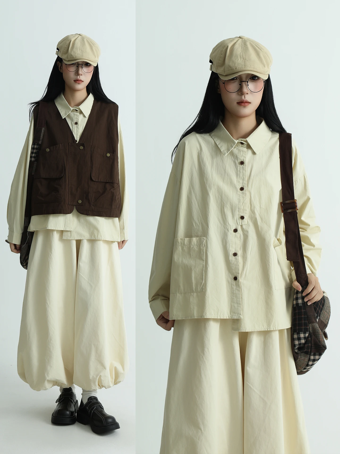 

Boaren Pure Color Long Sve irt Women's Autumn New Sle Japanese Artistic Versatile Layering irt Collar Loose Fit