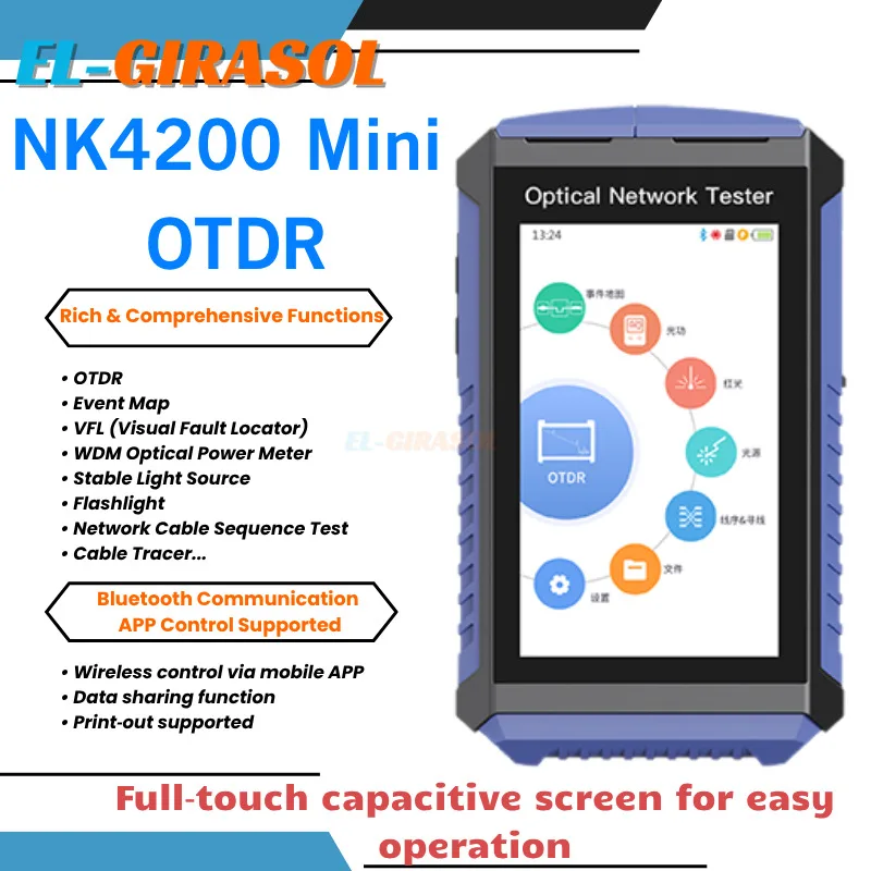 NK4200 Mini OTDR Optical Time Domain Reflectometer 100KM Test Range Touch Screen Fiber Optic Tester Built‑in OPM OLS VFL