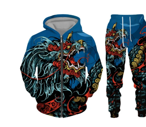 3d Drakenprint Hoodie + Broek Pak Cool Heren/Dames 2 Stuks Sportkleding Trainingspak Herfst En Winter Herenkleding