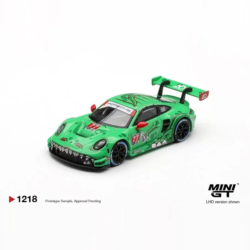 MINIGT 1:64 911 GT3 R 77 Green Dinosaur # 1218 Alloy Die Car Model, Simulation Static Ornament, Adult Collectibles, Male Toys.