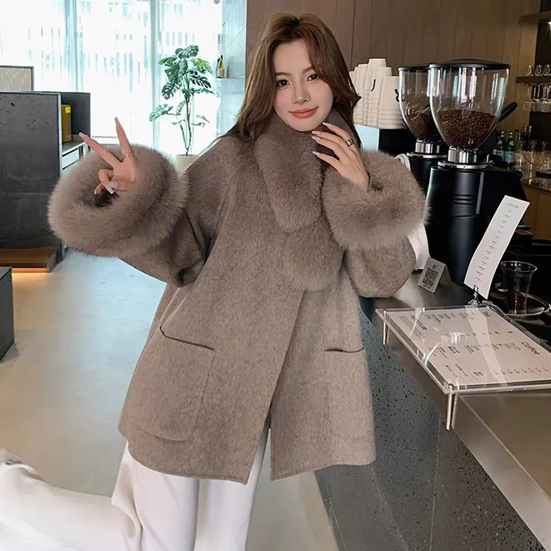 2024 Korea Gray Wollen Coat With Belt Woman Winter Chic Solid Faux Fur Collar Thick Warm Chic Long Ladies Lace Up Coat Outwear