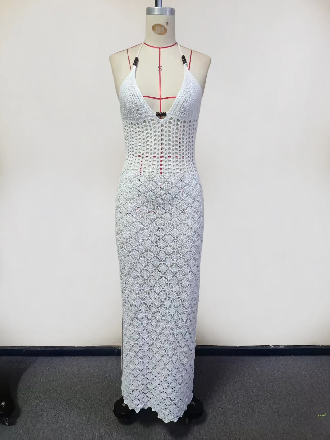 Abito lungo da spiaggia aderente con cinturino per spaghetti ritagliato in maglia sexy 2026 Abito estivo da donna per club party, costume da bagno, copricostume