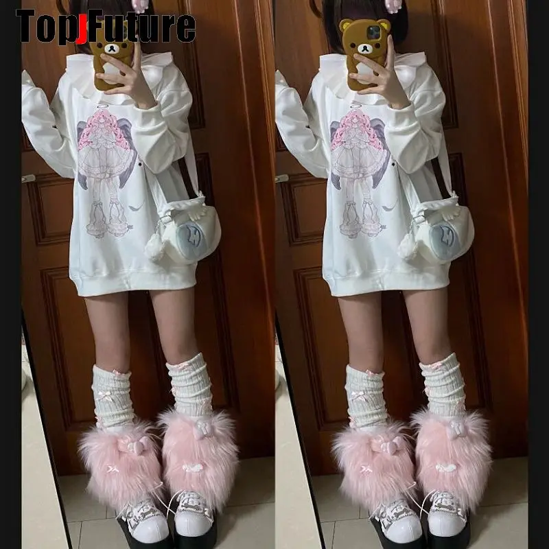 Women unique Harajuku Punk gothic Lolita Y2K Girl streetwear Leg Warmer Winter Warmer furry Stockings Medical Bow Leg warmers