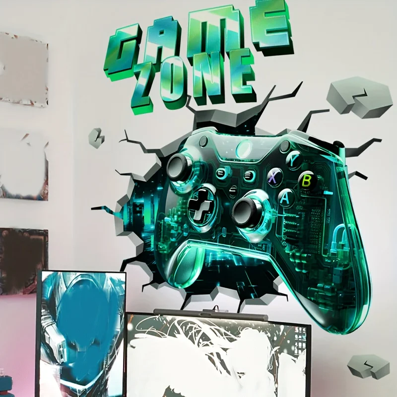 Trendy Green Game Controller Wall Sticker Creative E-Sports Style Premium PVC Waterproof Scratch Resistant Durable Home Decor